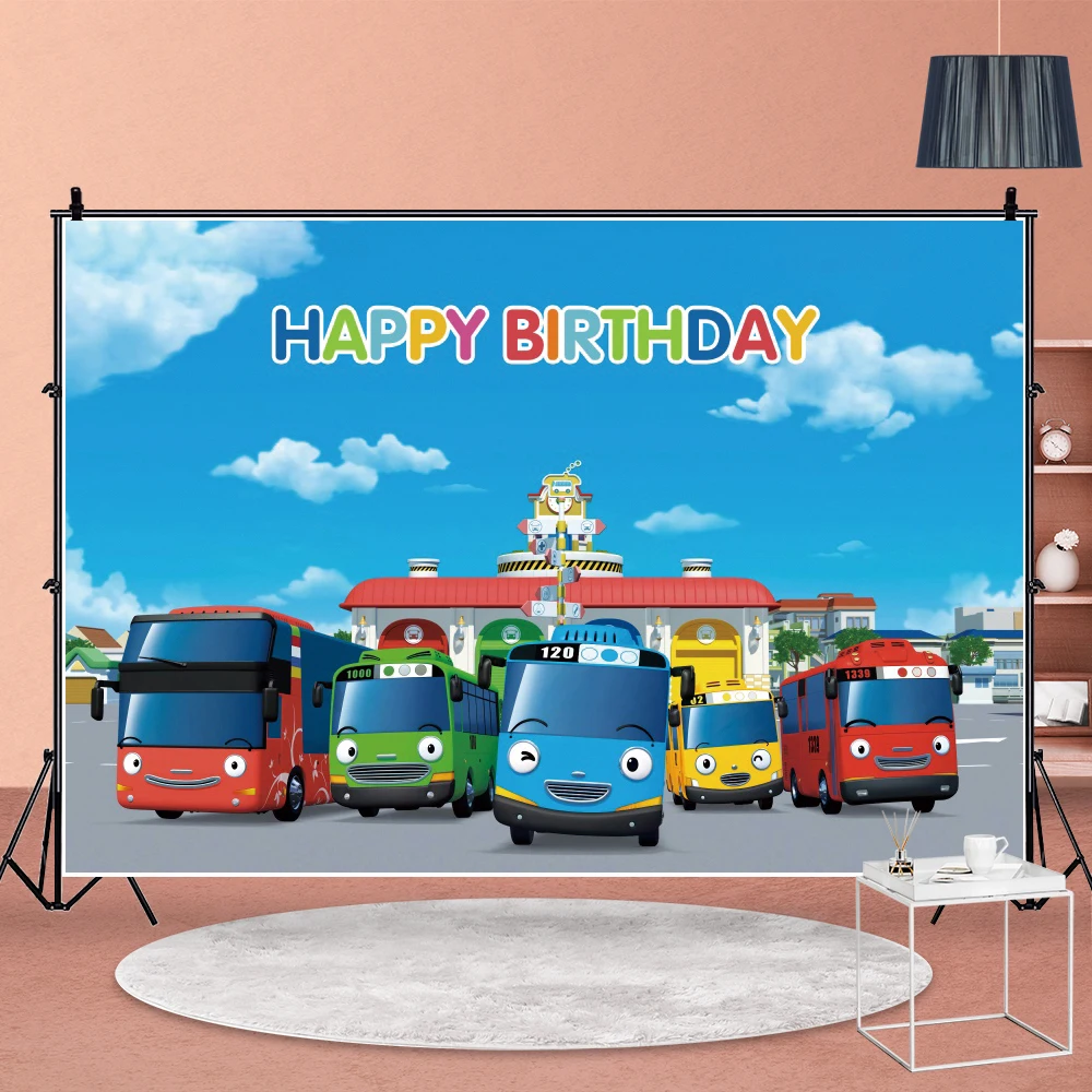 Tayo Little Bus Backdrop Boy Runway Racing Cars Happy Birthday Party 1st Photography Background Photo Banner Decoration