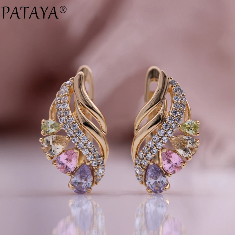 PATAYA New Water Drop Natural Zircon Women Earrings 585 Rose Gold Color Luxury Fashion Jewelry Unique Colorful Drop Earrings