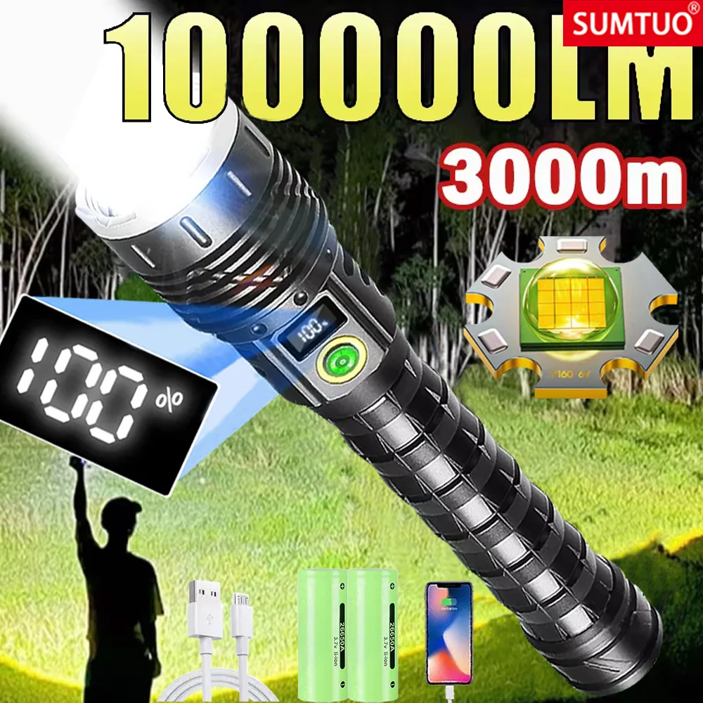 1000000LM Most Powerful Led Flashlight Rechargeable 800W LED Flashlights High Power Zoom Torch Long Range 3000m Tactical Lantren