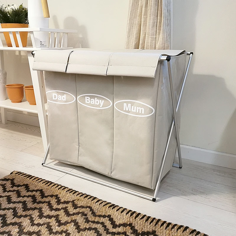 

Корзина для белья в скандинавском стиле, большая, с тремя отделениями, из ткани, для ванной комнаты, влагостойкая, для грязной одежды