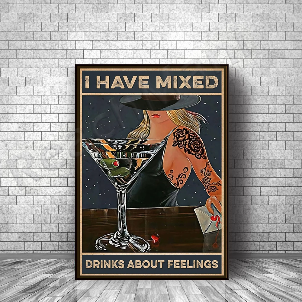 I have mixed drinks about feeling posters, colorful party posters, fun quotes wall decor, kitchen decor, bartender gifts