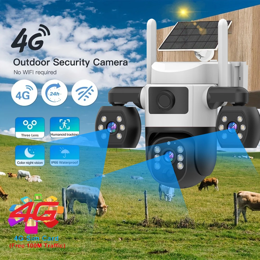 

Solar 4G Cameras With Sim Card 15MP 3-Lens 3-Screens 10X Zoom Camera PIR Human Detect Night Vision CCTV Security Protection