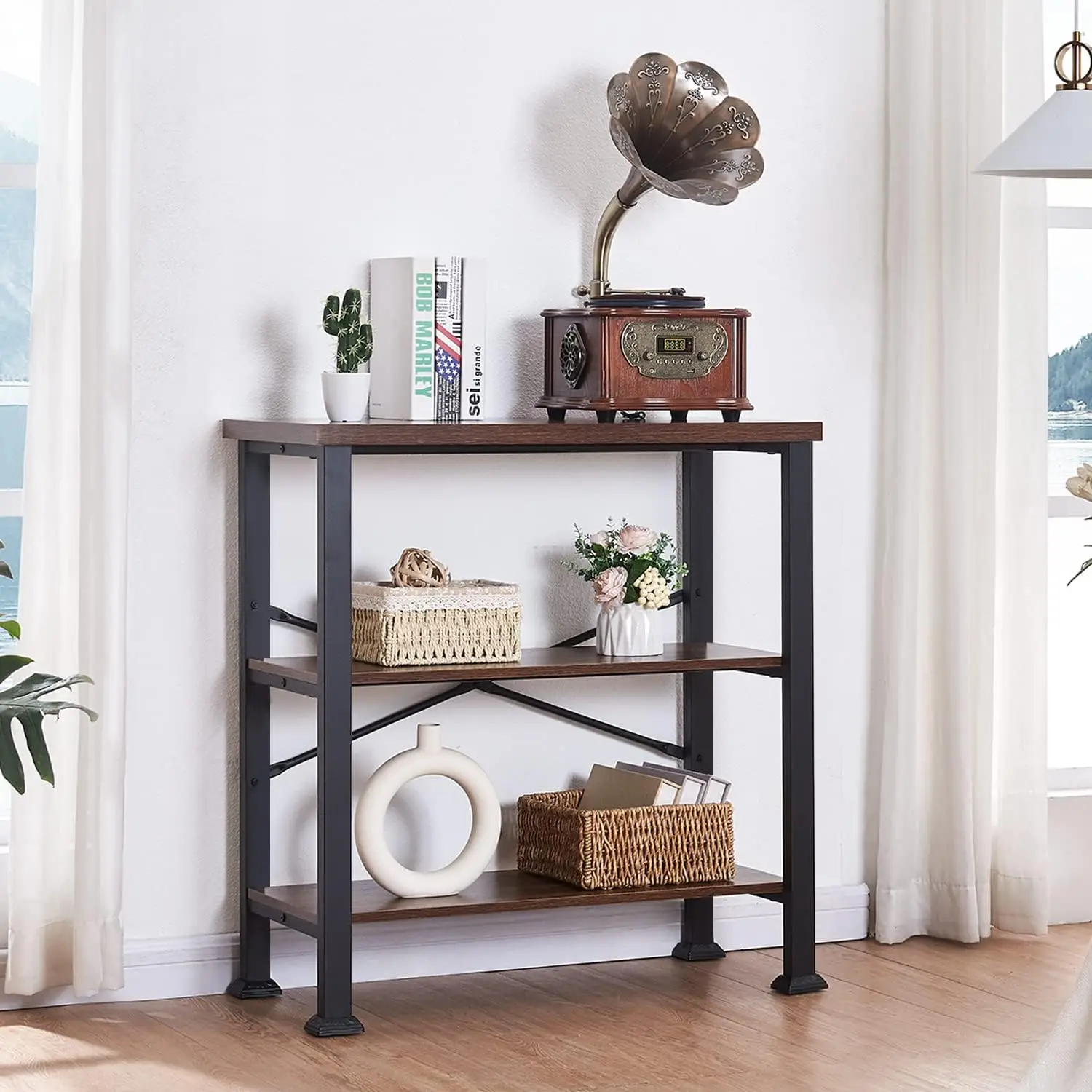 HOMBAZAAR Bookshelf, 3-Tier Vintage Industrial Book Shelf, Rustic Wood and Metal Bookcase and Bookshelves, Free Standing