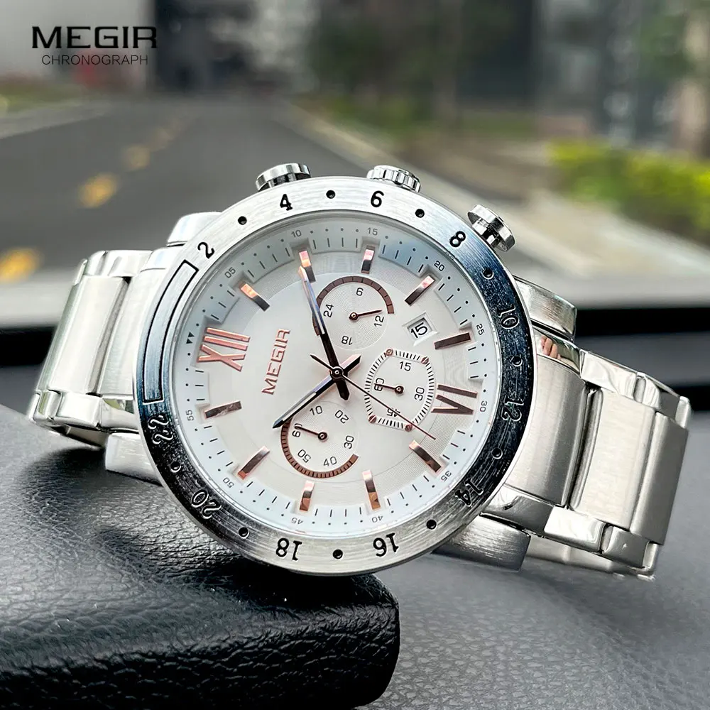 Fashion Megir Top Brand Quartz For Men Man\'s Business White Full Stainless Steel Three-eyes Waterproof Luminous Male WristWatch