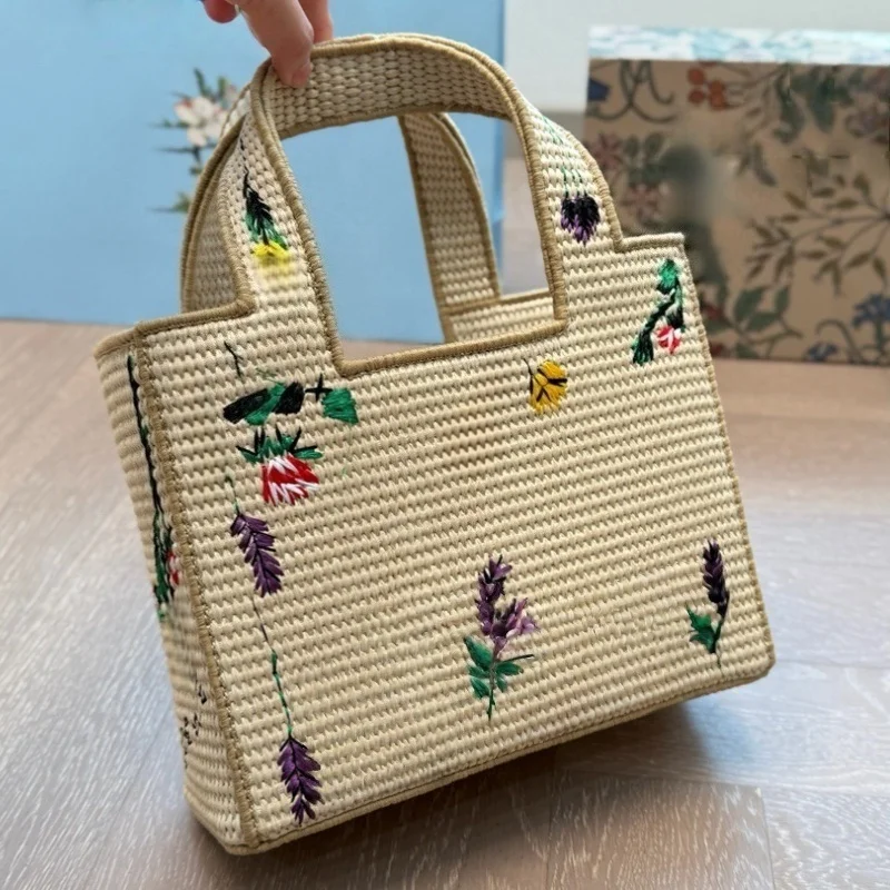 

High-quality flower embroidery tote bag woven bag new straw bags one-shoulder portable shopping basket bag luxury women's bag