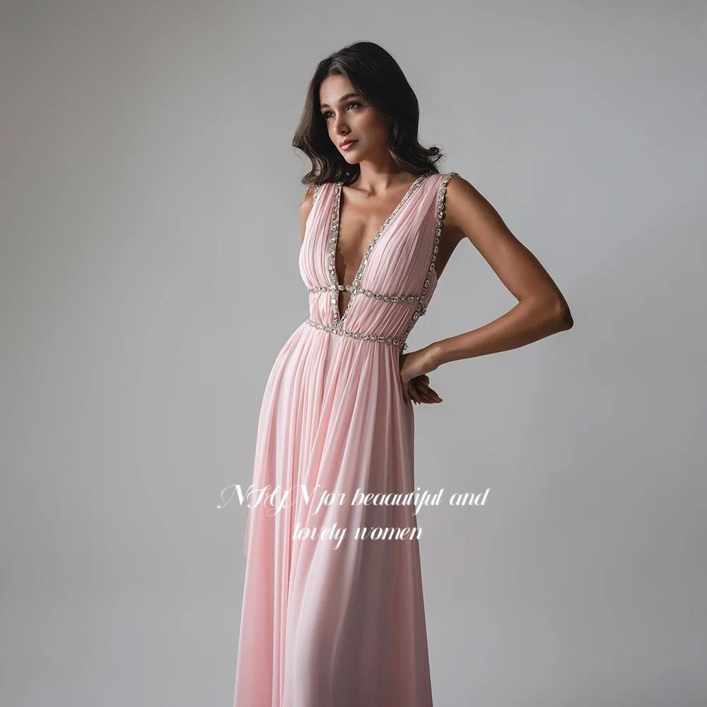 

NFYN сексуальные платья для выпускного вечера с v-образным вырезом, плиссированное вечернее платье, шифоновое вечернее платье с бисером для женщин, халаты du soir по индивидуальному заказу