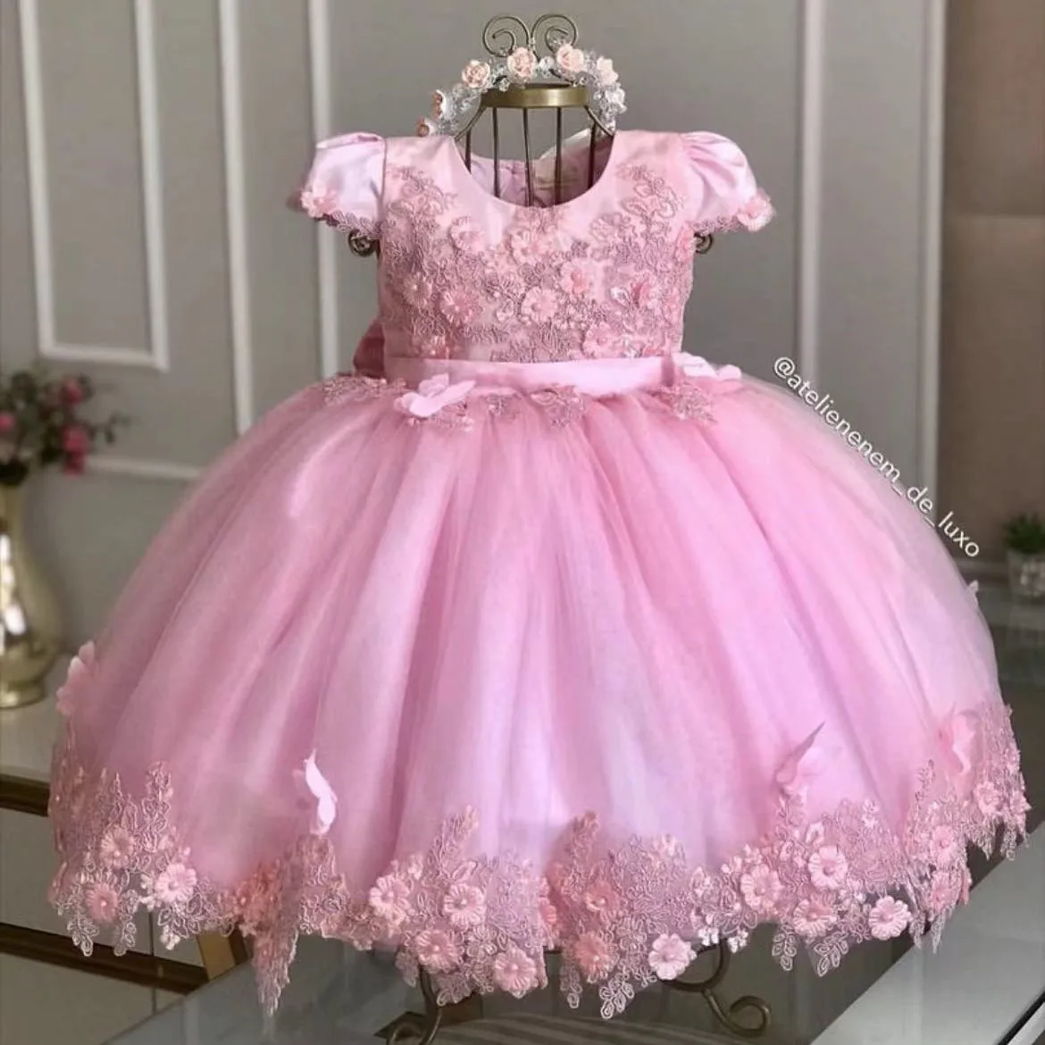 Abito da ragazza di fiore per bambina rosa chiaro per matrimonio Tulle Puffy Applique Perle Abiti da ballo per prima comunione per festa di compleanno per bambini