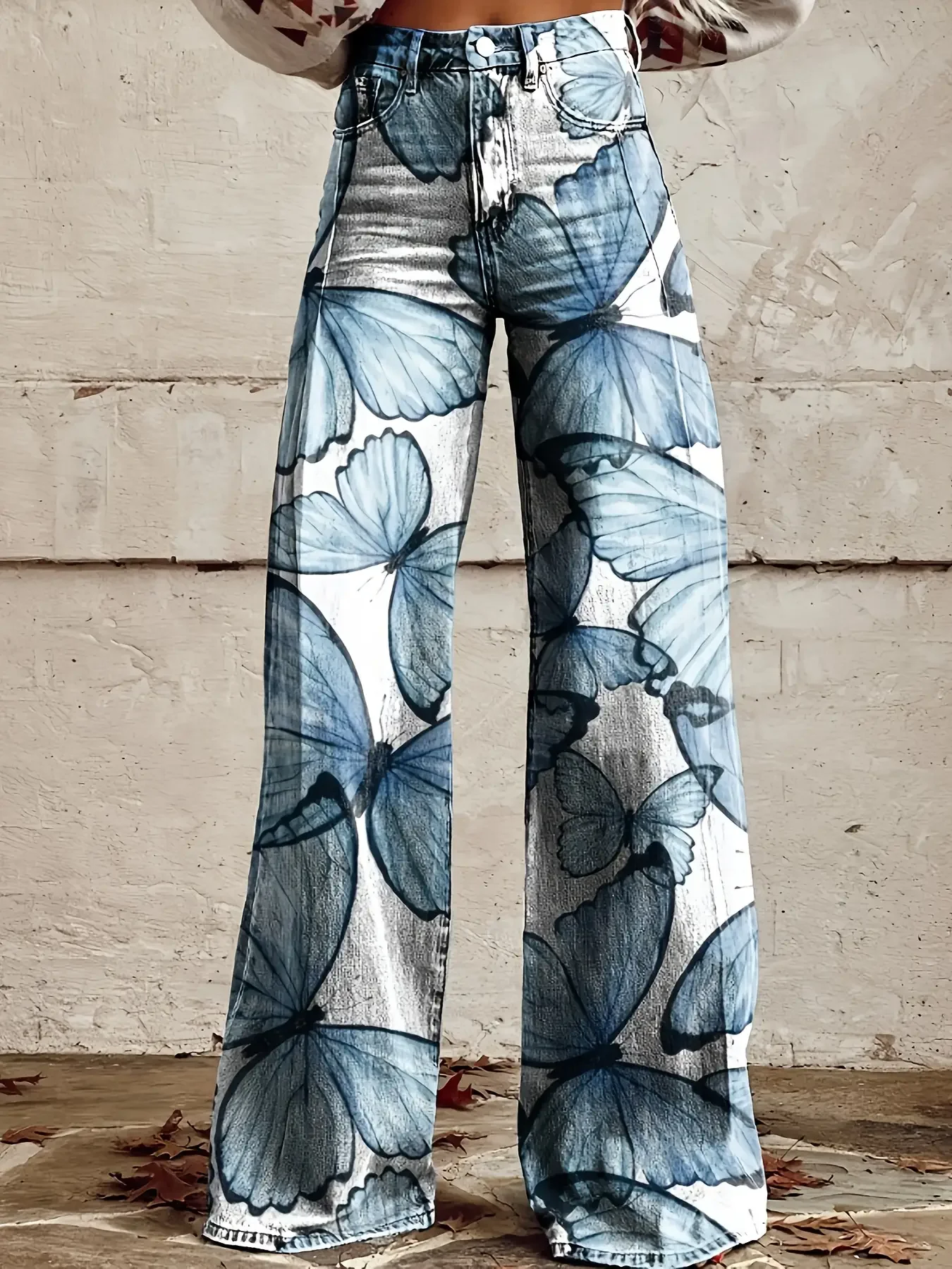 جينز نسائي مقلد مطبوع مع سراويل واسعة عالية الخصر، ملابس خارجية للربيع والخريف قابلة للغسل في الغسالة