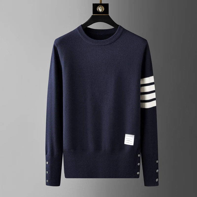 High end brand round neck sweater men 2024 autumn winter new classic four stripe trendy hem split Korean casual knitted pullover