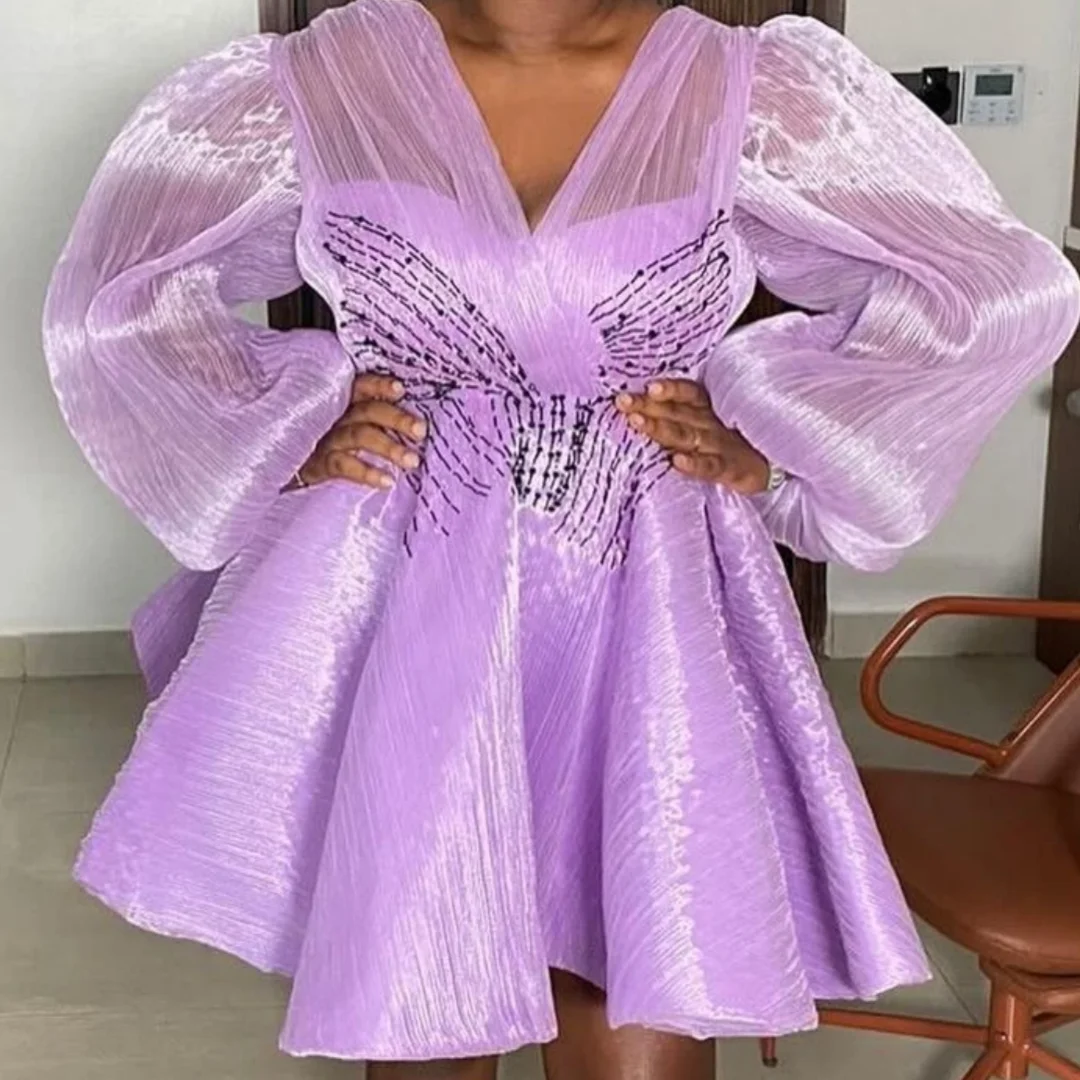 우아한 A라인 플리츠 숏 드레스 섹시 V넥 샤이니 실크 파티 드레스 신상 캐주얼 랜턴 소매 하이웨이스트 드레스 맞춤 제작