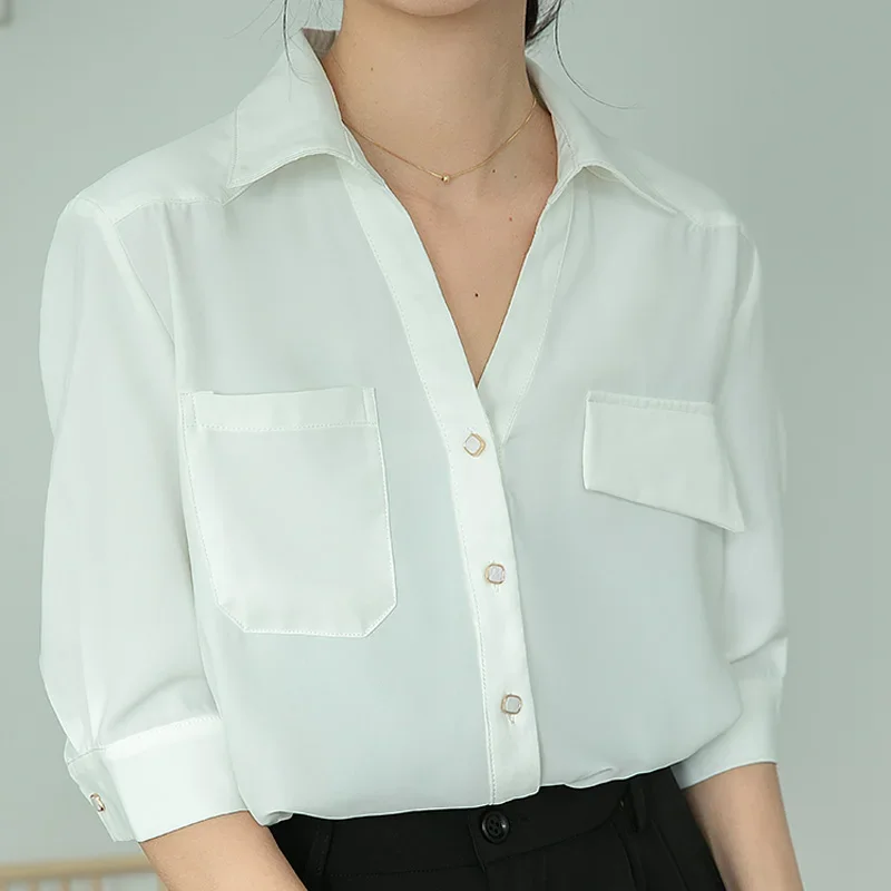 

Korean Fashion Chiffon Short Sleeve Blouse Office Lady Elegant Tops Button Up V Neck Shirt Summer New Women Shirts Clothes 28095