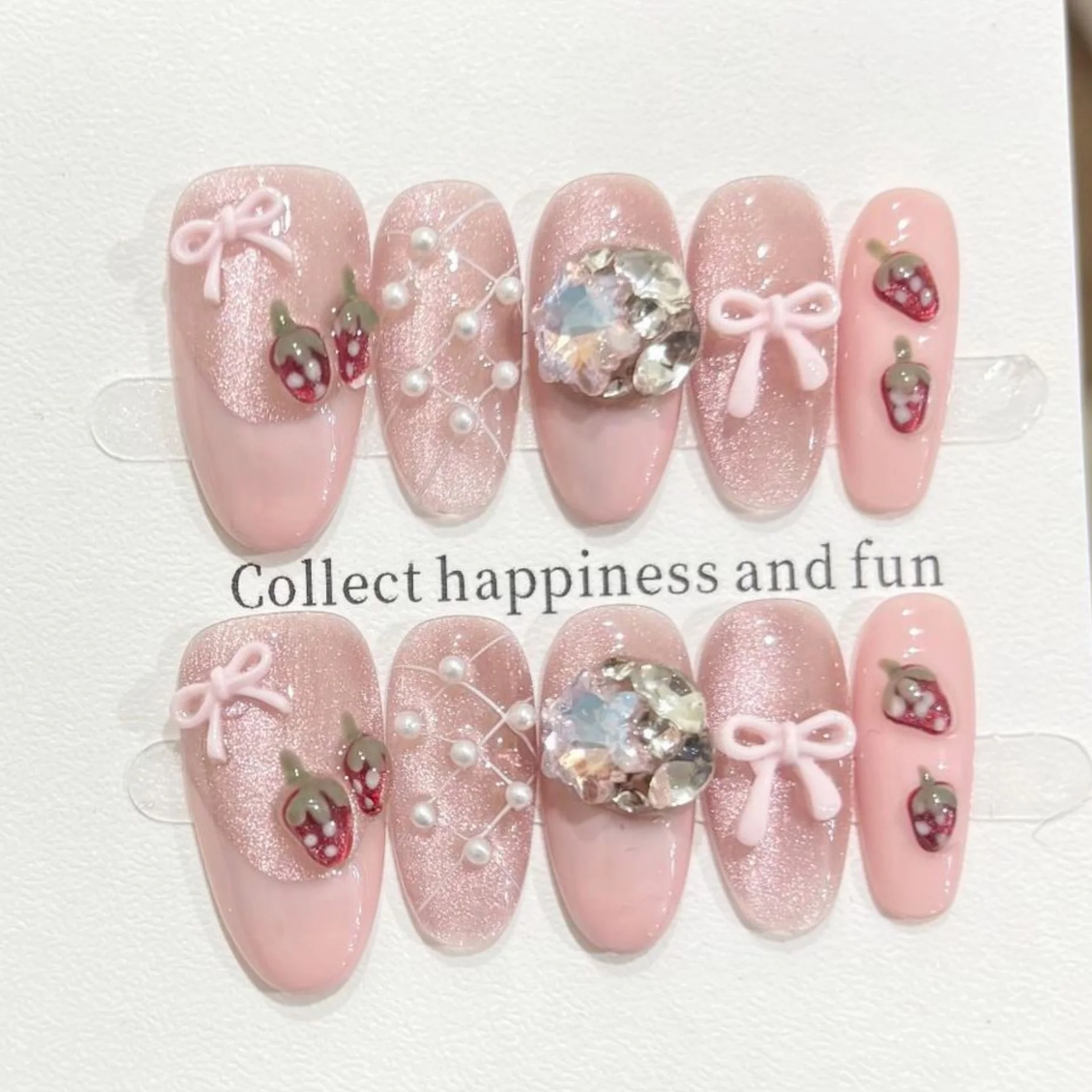 

10pcs Pink Mid-length Oval Handmade Fake Nails Tips Bow Diamond Pearl Design Press on Nails Art Reusable Cat's Eye False Nail