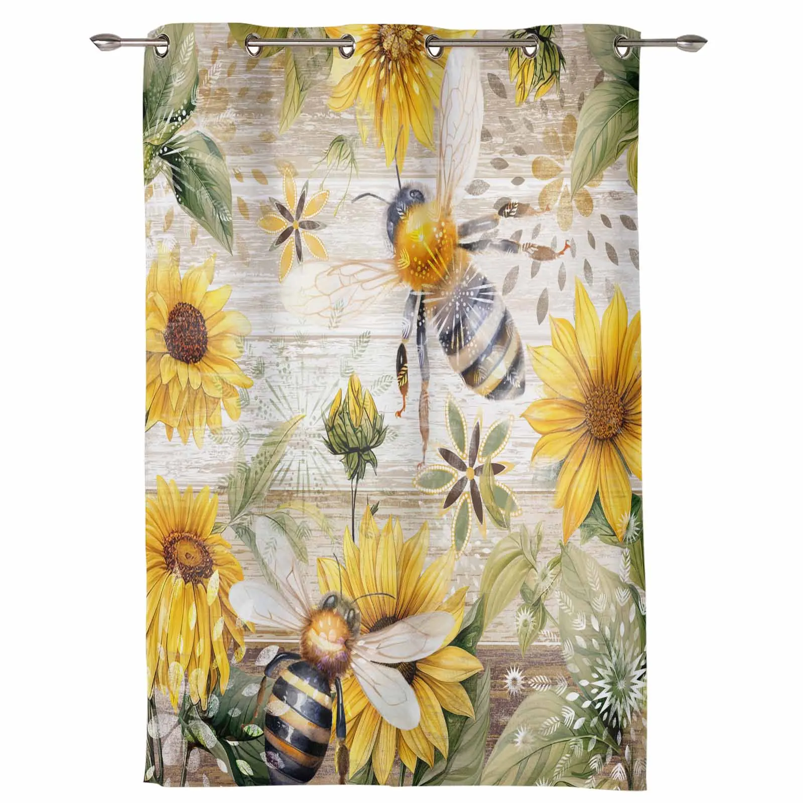 Vintage Rural Wood Grain Plants Sunflowers Bees Indoor Curtains Living Room Luxury Drapes Large Curtains Window Treatments