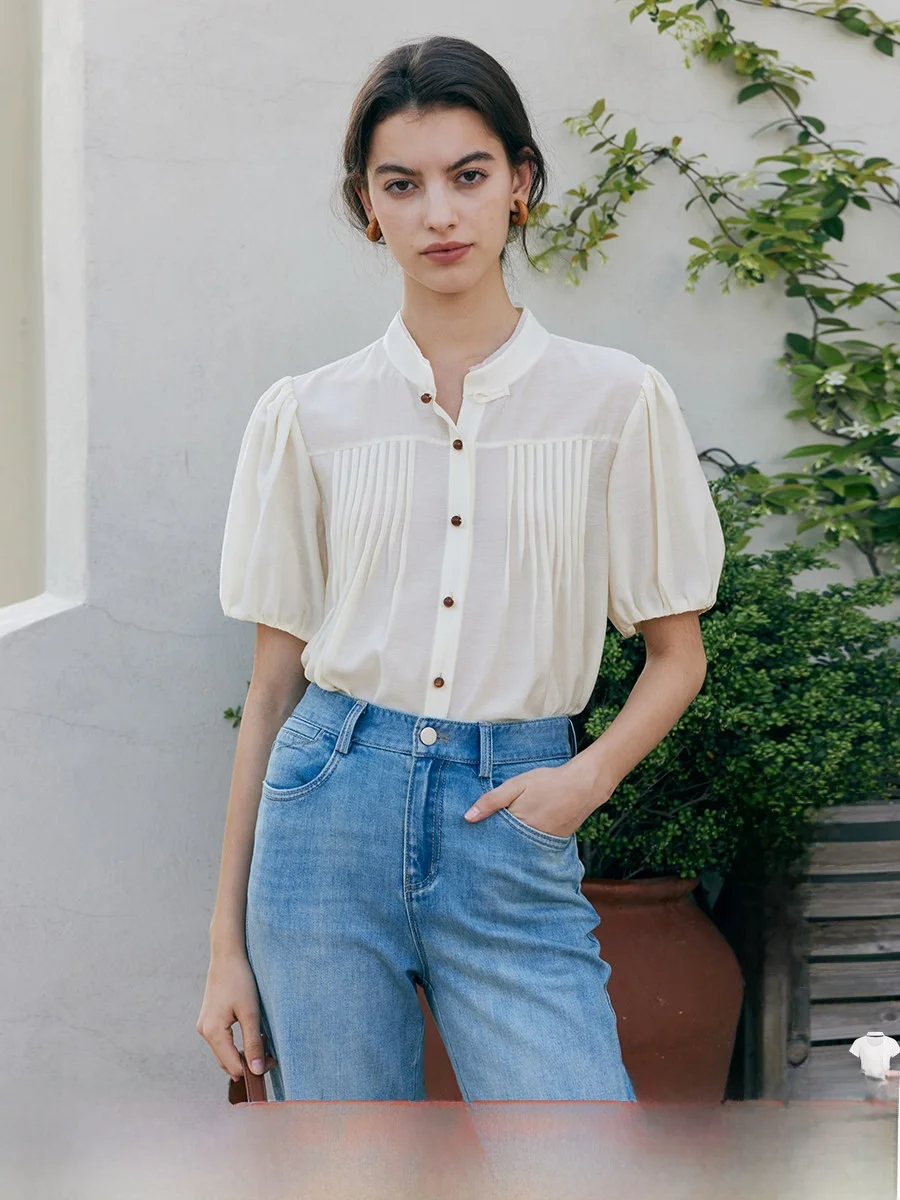 

HeyDress Acetate Bubble Sleeve Shirt Women's Summer Vintage Stand Collar Pleated Design New Chinese Style Top Fashion Casual