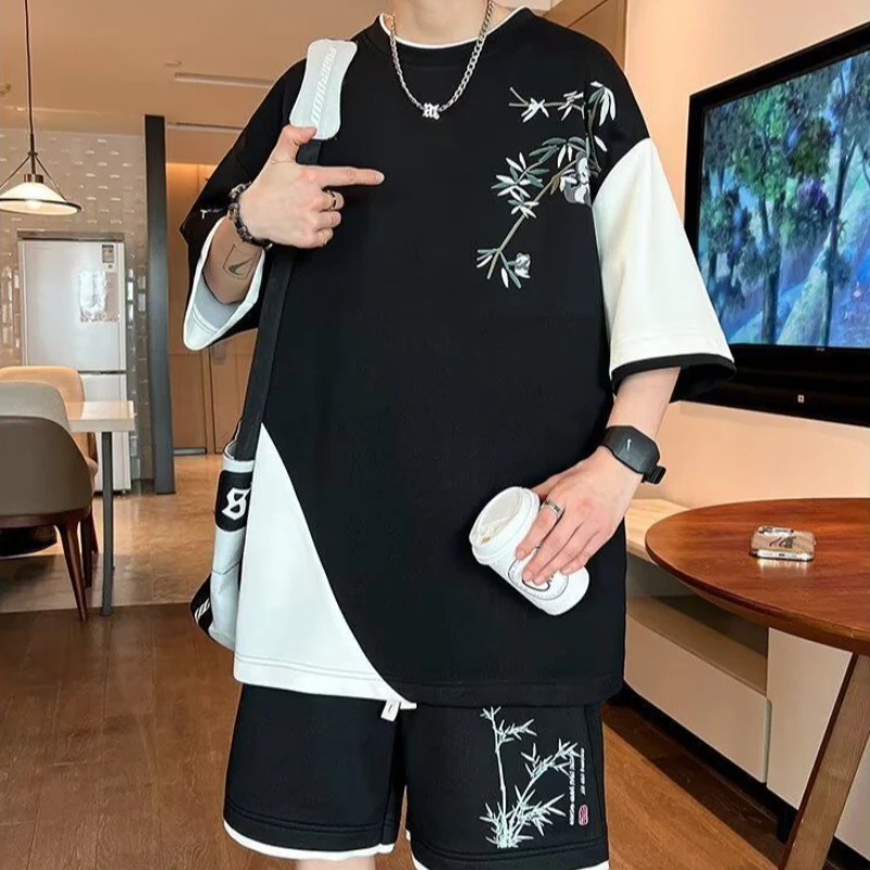 Men Oriental Style Short Sleeve T Shirt Shorts Suit Faux Layered Tops Summer Trendy Cotton Loose Big Size Co Ord Set Vintage