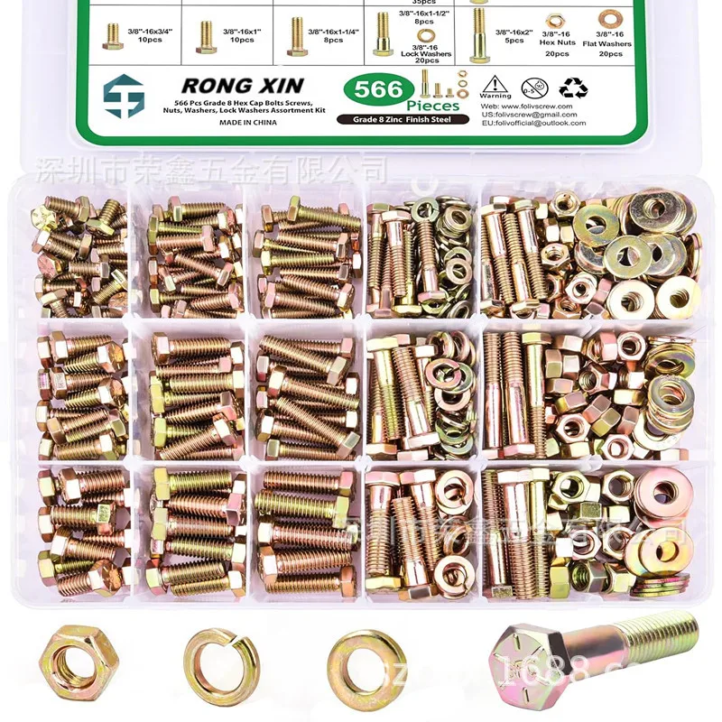 566pcs Blue White Zinc Plated Carbon Steel Hex Bolts Nuts Washers Kit, Full Thread & Half Thread Assortment Set