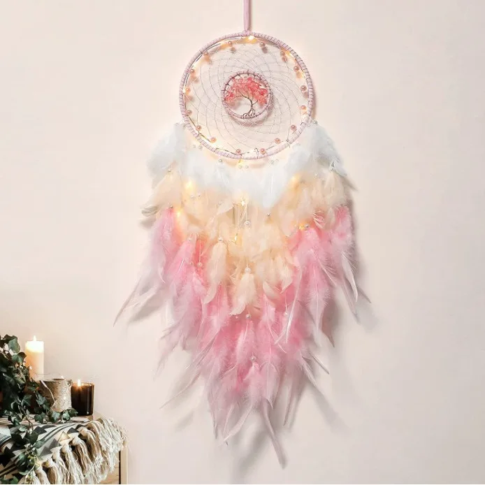 Campana de Viento Decorativa con Plumas y Diseño de Árbol de la Vida, Adorno Colgante para Ventana de Dormitorio, Decoración de Estilo Europeo con Cuerda