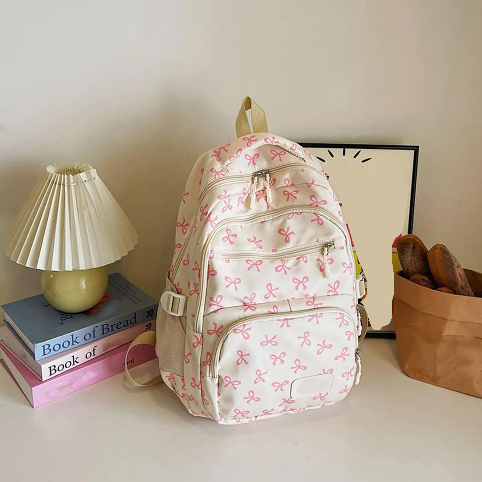 حقيبة ظهر نسائية كورية عصرية مطبوعة بفيونكة خفيفة الوزن وبسيطة حقيبة مدرسية للطلاب قابلة للتعديل طقم حقيبة نسائية مكون من ثلاث قطع