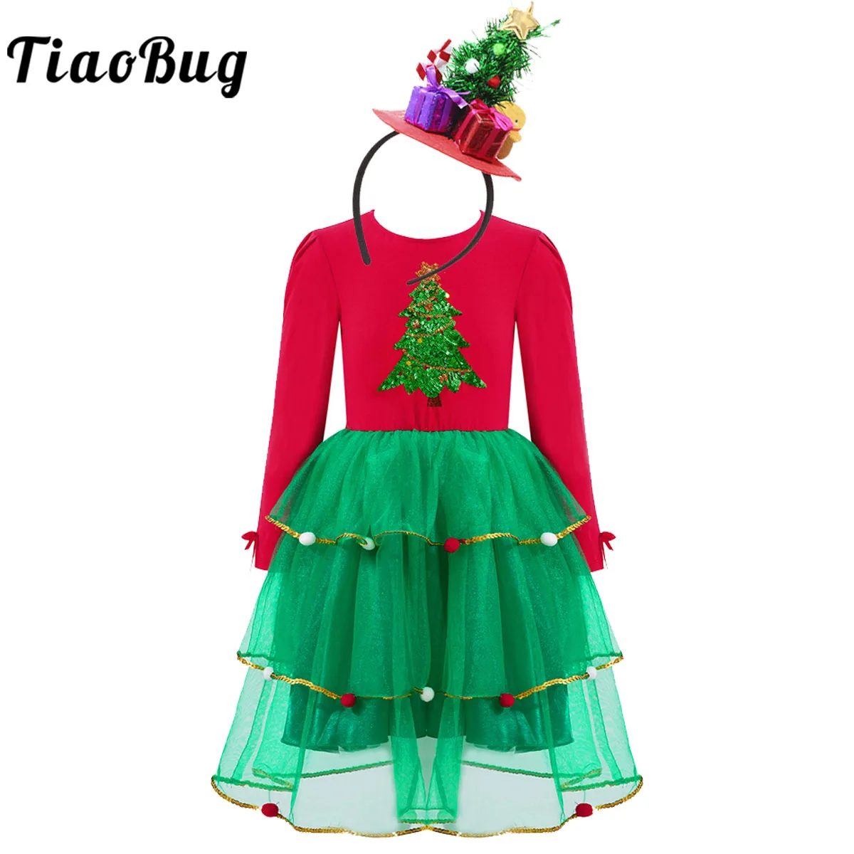 

Girls Long Sleeve Sequins Christmas Dress Fancy Layered Mesh Santa Clause Costume Set Ballet Tutu Xmas Holiday Dress Up Clothes