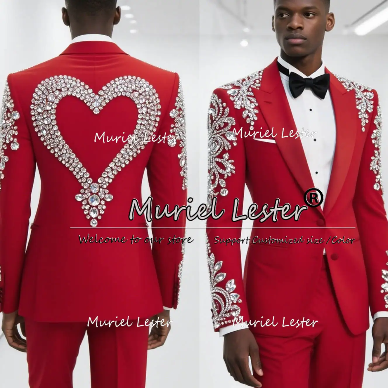 Trajes rojos con cuentas de diamante brillante para hombre, conjuntos de 2 piezas, esmoquin de boda para novio, chaquetas de fiesta de un solo pecho personalizadas, traje para hombre