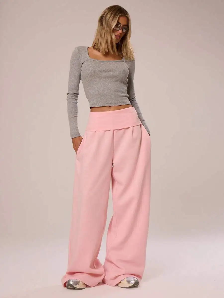 

Wide Leg Fold Over Waist Pants Casual Lounge Sweatpants For Women