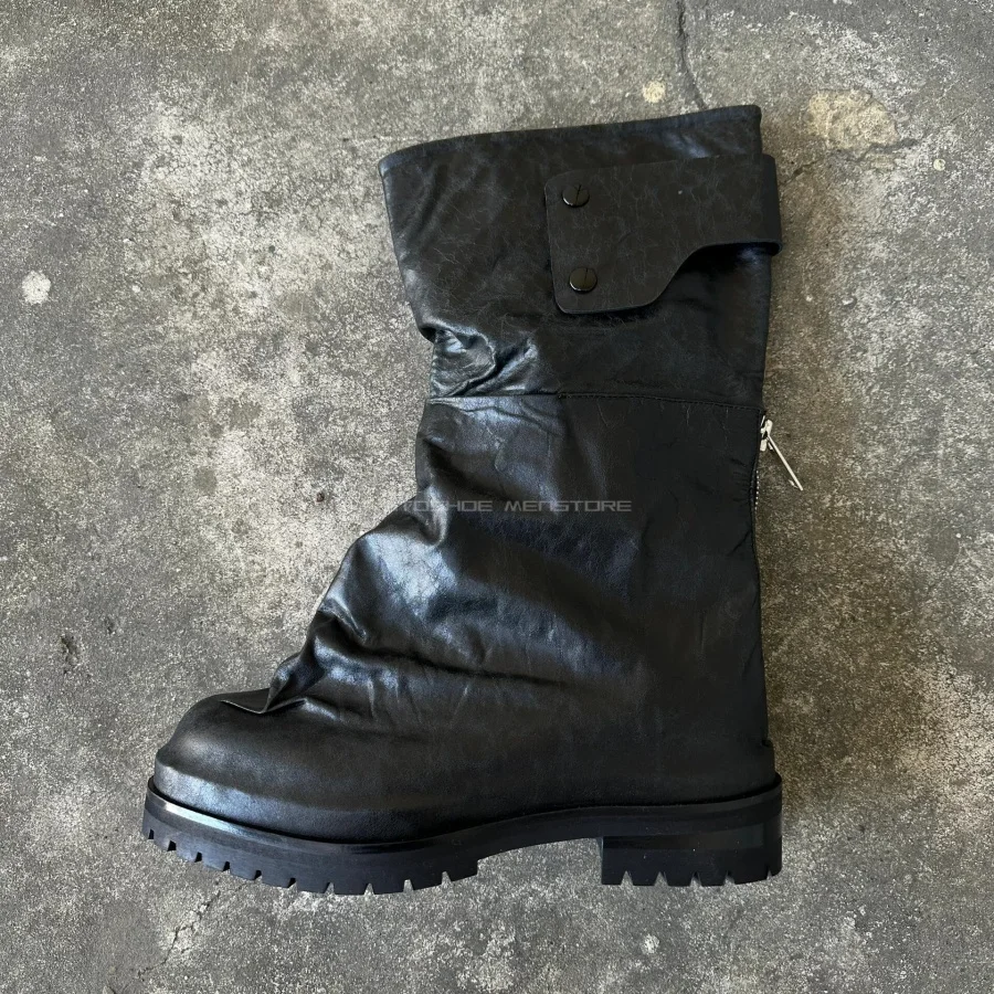 Black Leather Wide Mid Calf Motorcycle Boots for Men Dark Retro Knight Boots Side Zipper Buckle Strap Chunky Sole Punk Boots