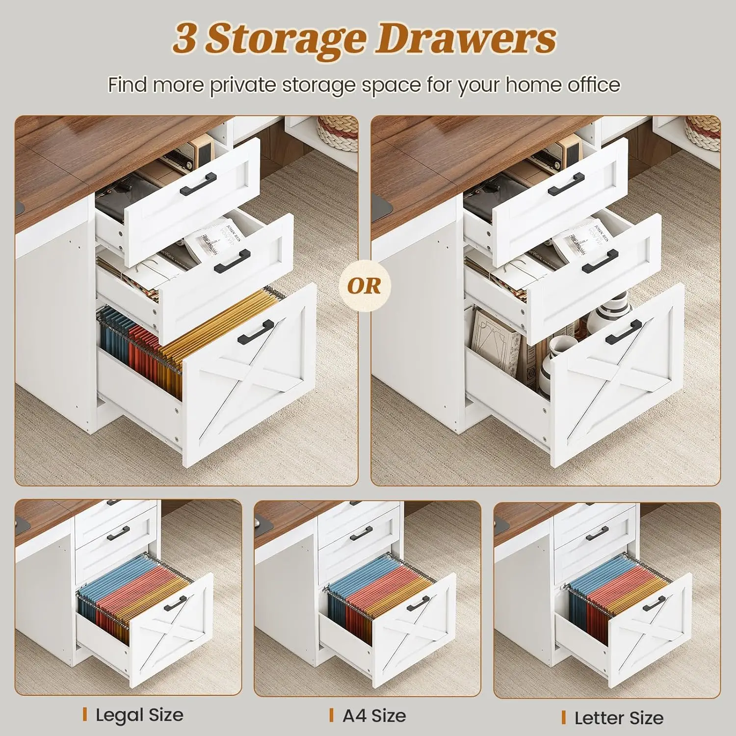 مكتب كمبيوتر مزرعة مقاس 96.5 بوصة مع أدراج، مكتب منزلي لشخصين، مكتب ألعاب مزدوج مع أرفف تخزين (أبيض وبني)