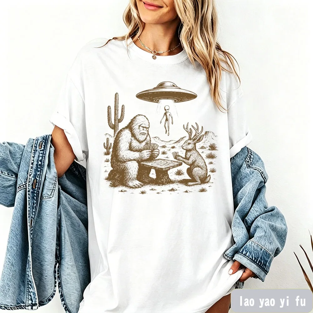 Vintage Bigfoot Jackalope UFO T-Shirt Funny Sci-Fi Tees Retro and Fashionable Graphics for Outdoor Camping Expeditions Clothes