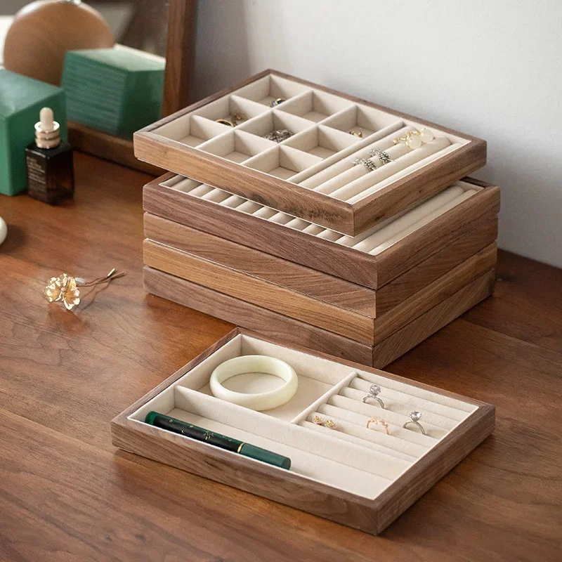 Walnut Jewelry Storage Tray with Velvet Lining Divided Compartments for Rings, Necklaces & Accessories Modular Stackable Design