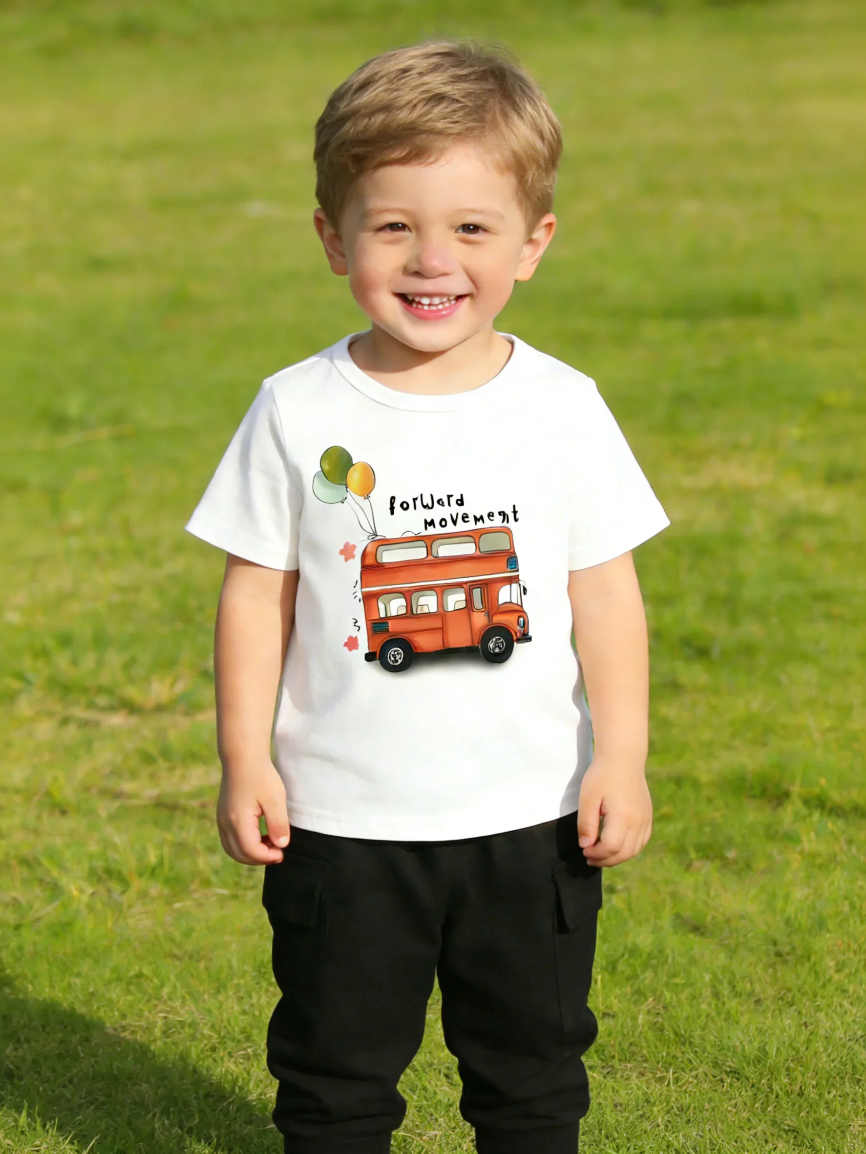 

Kids Summer 2pcs Outfit: Cartoon Double-decker Bus Print Cotton T-shirt + Black Pants Children Clothing Set