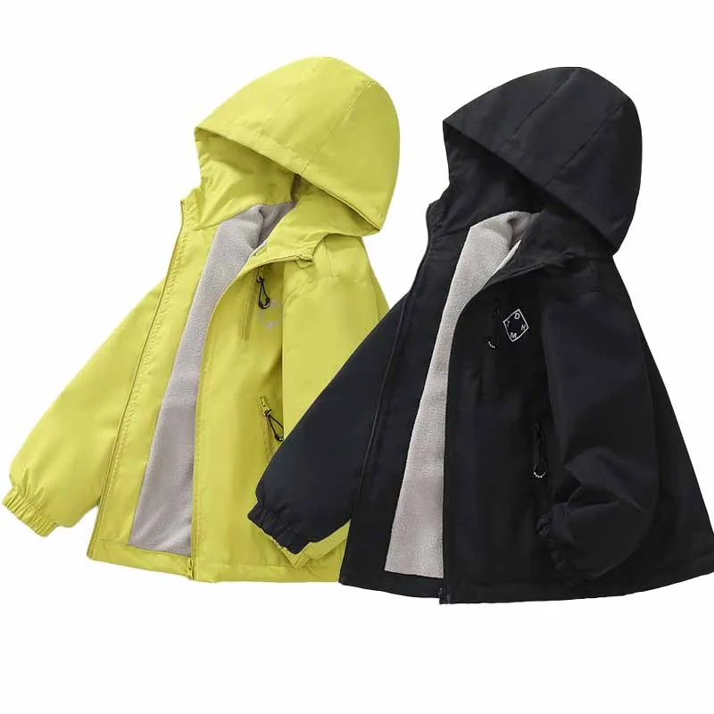 Boys Plush Warm Jackets Spring Girls Windproof Waterproof Hooded Cargo Coats Autumn Kids Sports Windbreaker Outerwear 4-14 Years
