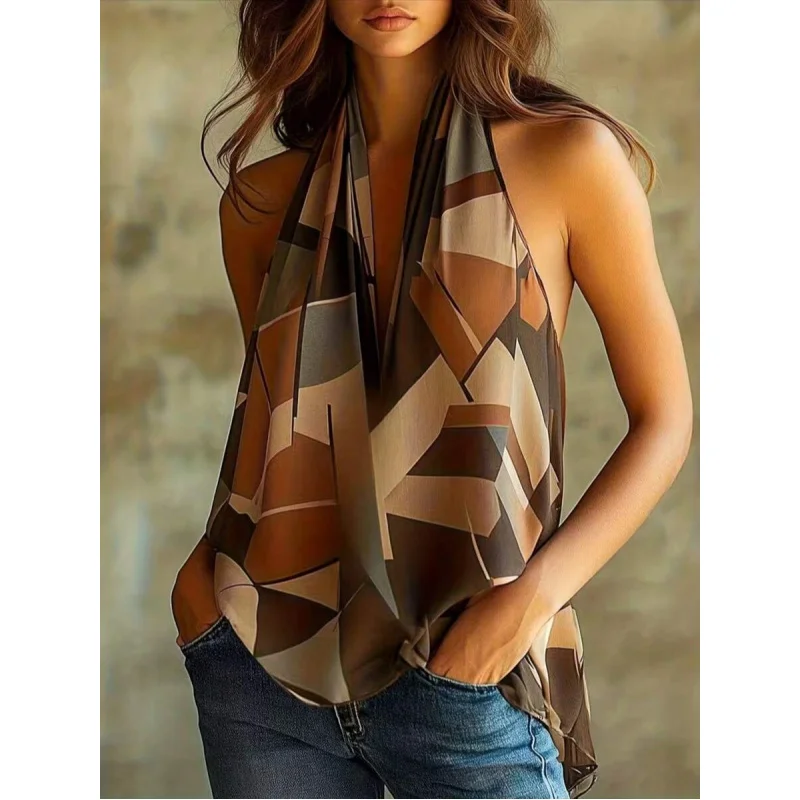 Women's Elegant Halter Backless Top, Random Geometric Print Casual Vacation Summer