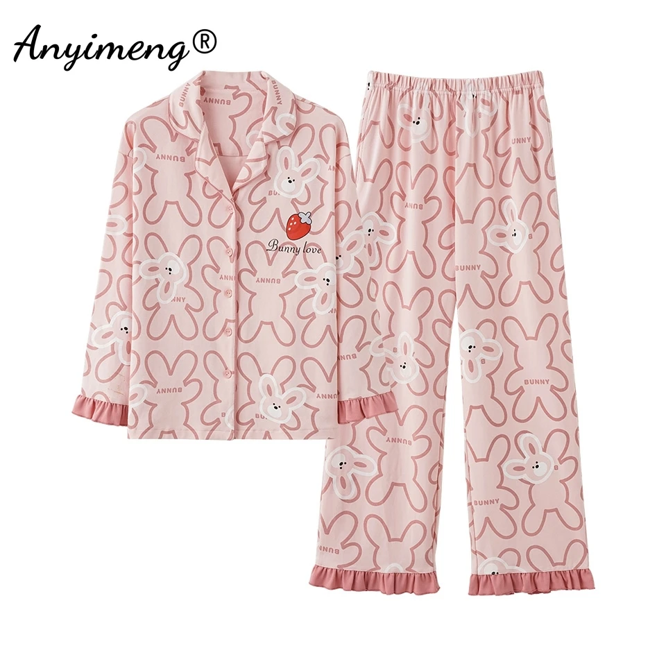 Turn-down Collor Faux Cotton Autumn Spring New Women Pajamas Set Long Sleeves Sleepwear Leisure Pijama Lady Casual Homesuits