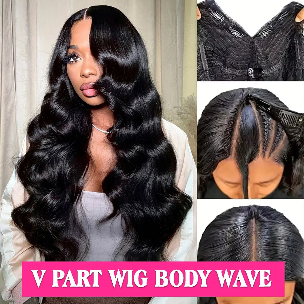 V Part Wigs Human Hair Brazilian straight Human Hair Wigs No Leave Out No Sew Glueless 200 Density Natural Black Wig For Women image 3