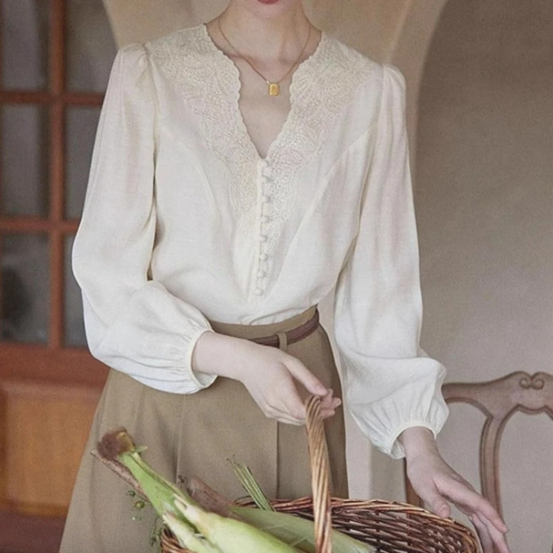 

Blouses Women Shirt Full Sleeve Tops V Neck Sexy Lace Vintage Y2k Streetwear Elegant Splice Embroidery Shirts 2026 Spring