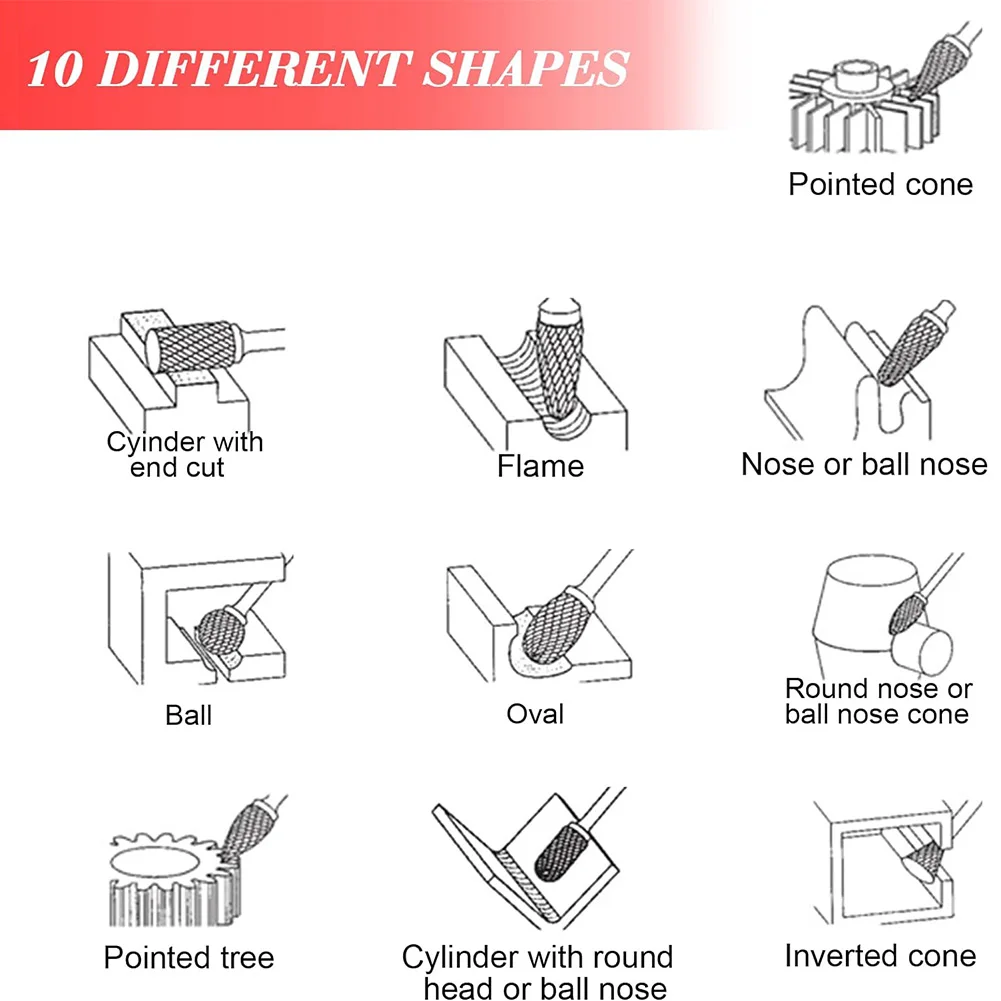 

10Pcs Long Burr Bits 1/8 Inch Shank Solid Tungsten Carbide Rotary Burr Set for Metal Welds Carving Cutting Engraving Porting