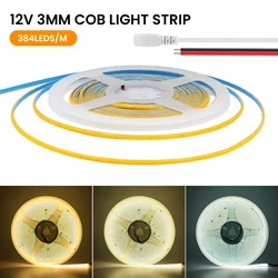 DC 12V 24V COB LED Strip Ultra Thin 3mm PCB Width FOB Lights 384LEDs/m CRI90 High Density LED Tape Flexible Liner Lighting