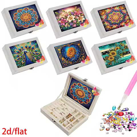 A DIY colored diamond painting jewelry box set, featuring a colored mandala and sunflower design, portable storage box.