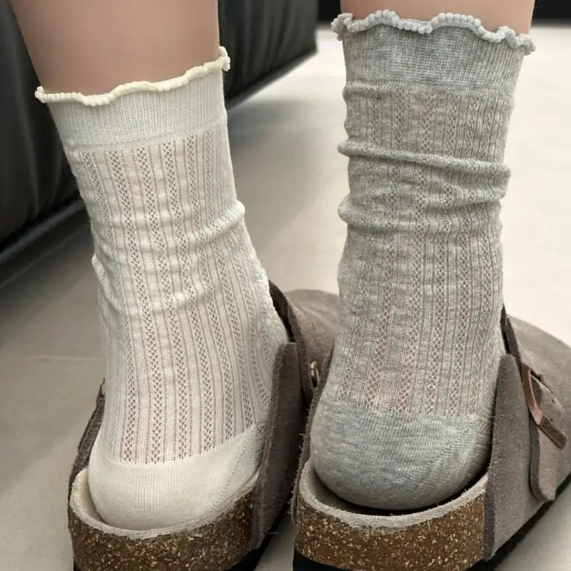 

Женские летние сетчатые носки средней длины, однотонные с волнистыми краями, балетный стиль