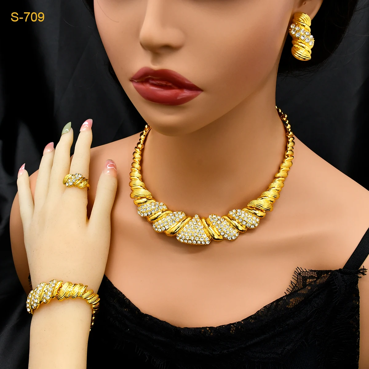 فاخر دبي 24k الذهب اللون كريستال قلادة مجموعات للنساء الزفاف الأفريقي طقم مجوهرات المجوهرات الهندية هدايا المناسبات #3
