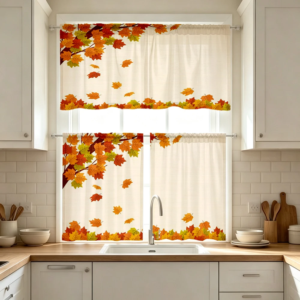 Fall Kitchen Curtains, Maple Branch Leaves Falling Autumn, Digital Print, Kitchen Dining Room, Rod Pocket Polyester, Home Decor