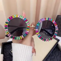 Luxury Brand Designer Round Diamond Sunglasses Women For Female Fashion Vintage Party Travel Steampunk Sun Glasses Shades UV400