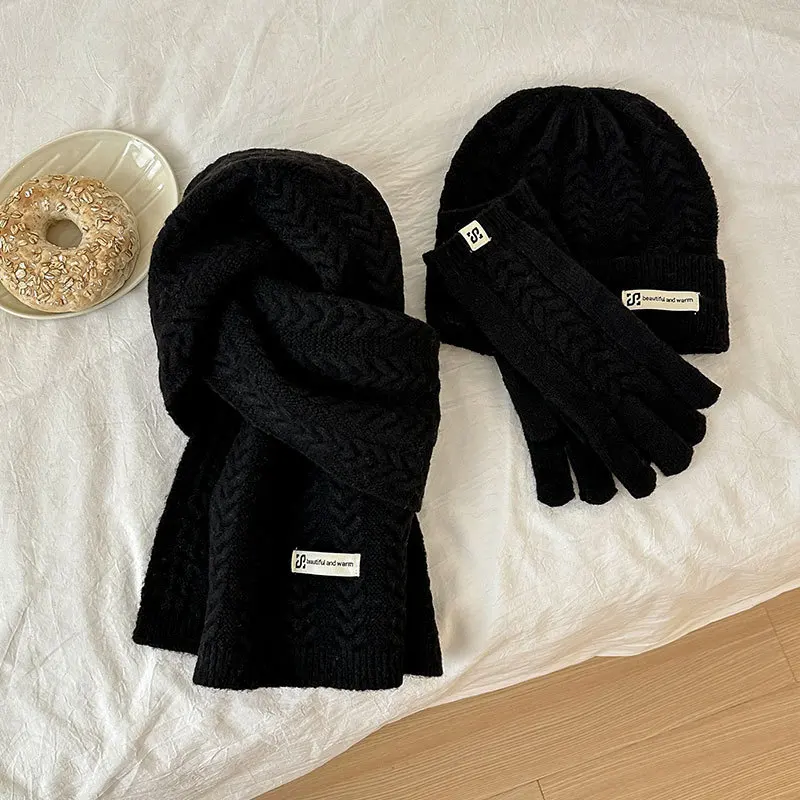 Winter Korean Version Knitted Scarf  Gloves Hat Three-piece Set Women's Fashion Versatile High-end Sense Solid Color Bow Scarf