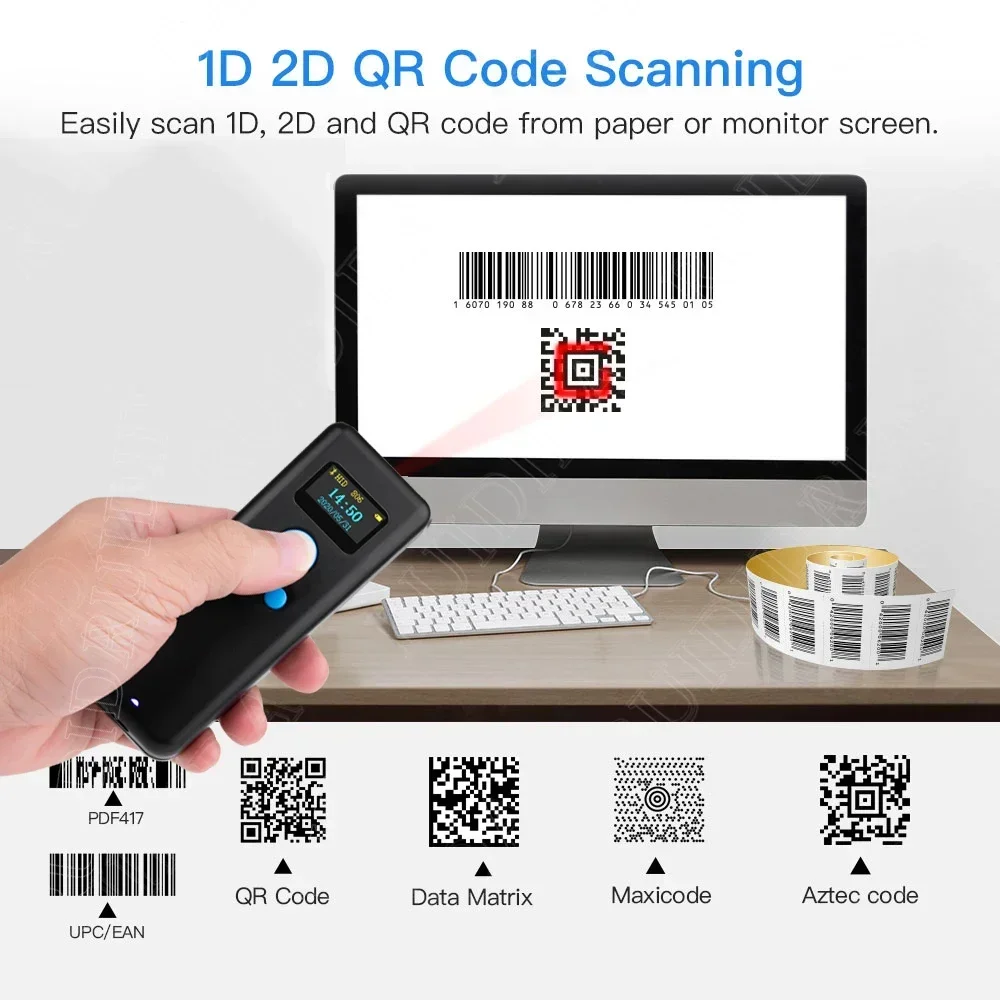Portable Barcode Scanner Handheld Mini Bluetooth Scanner 2.4G Wireless with Display for Expressman Mobile Phone QR PDF417 Reader