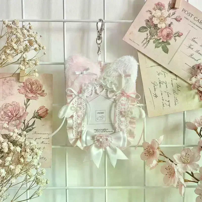 Sweet Cute Plush Lace Photocard Holder Anime Lolita Idol Display Photo Protector Case Card With Bowknot Pendant Bag Accessory
