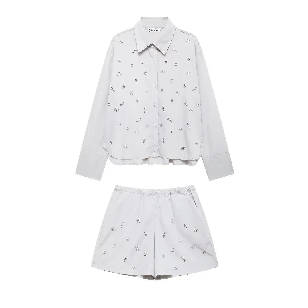 Women's 2-piece Suit 2024 New Fashion Artificial Jewelry Decorative Shirt Retro Long-sleeved Blouse+casual Poplin Shorts Suit