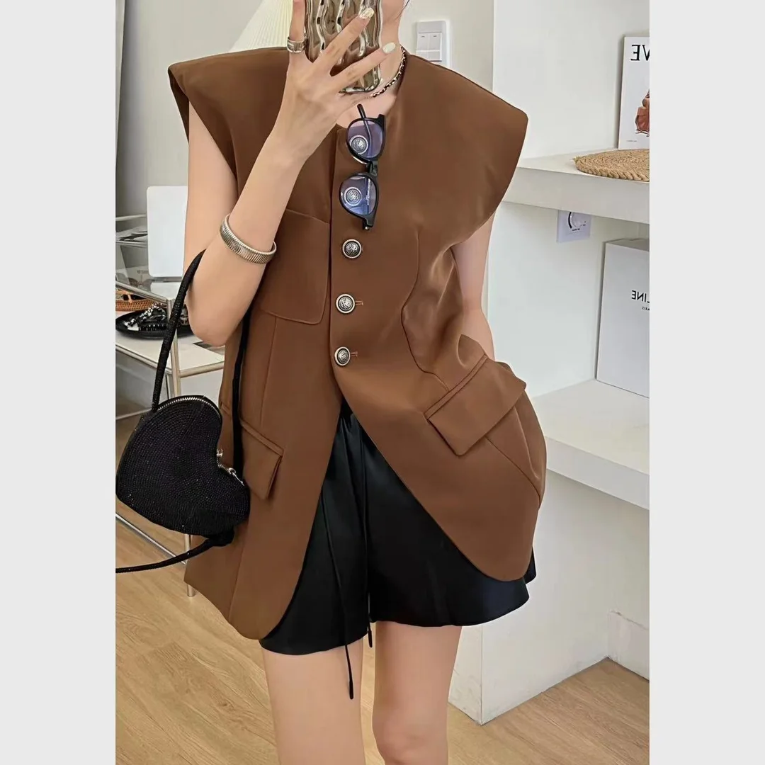 Korea Chic Fashion O Neck Blazer Vests Jacket Women Solid Slim Elegant Sleeveless All Match Tops Mujer 2024 New