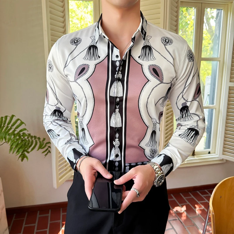 Brand Luxury Retro Shirt for Men Long Sleeve Slim Fit Casual Shirts Fashion Business Formal Dress Shirts Social Party Blouse 6XL