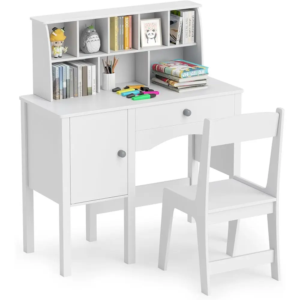 Houten kinderstudeerbureau met hok, grote opbergkast en lade, witte thuisschoolbureau en stoelset voor kinderen vanaf 3 jaar