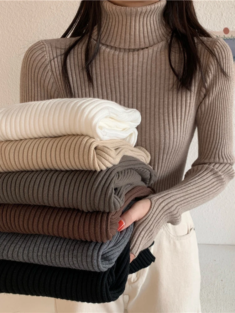 2024 Winter Knitted Turtleneck Sweater Basic Rib Fall Casual Slim Pullover Womens Elasticity Jumper Pull Femme With Thumb Hole